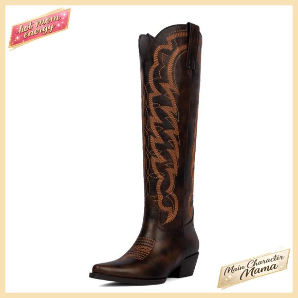 Pointed Toe Knee High Cowgirl Boots Chunky Heel Embroidered Western Pull On